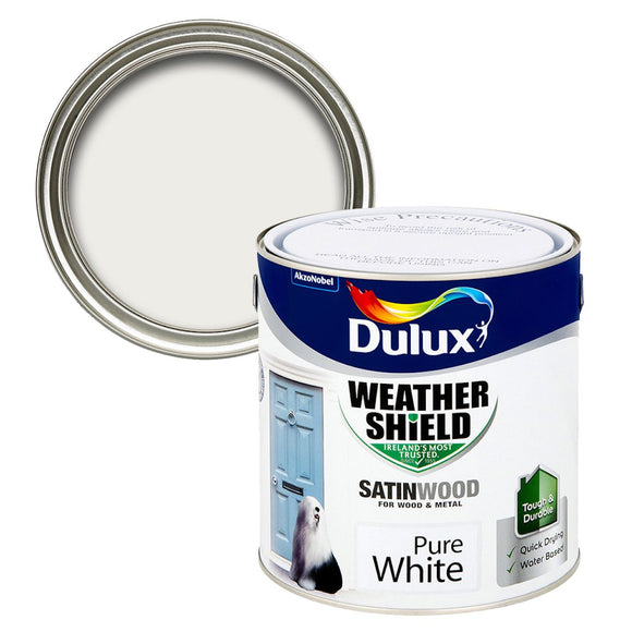 Dulux Weathershield Exterior Satinwood Pure White: A smooth and lustrous finish for durable outdoor elegance.