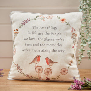 An image of the "Robin Memory Verse Cushion" featuring a delightful robin bird design, perfect for adding charm to your living space or gifting to a loved one.