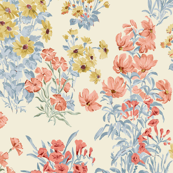 Elegant ochre yellow wallpaper featuring a stunning floral print with daisies, cornflowers, and penstemons.