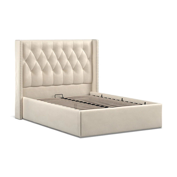 Functional double bed with ottoman storage.