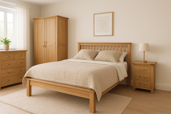 Riverdale Oak Bedroom Furniture set including bed, chest of drawers, and bedside table in a cozy bedroom setting with soft lighting.