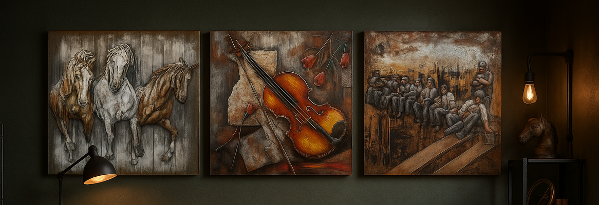 Three textured 3D wall art pieces from Foy and Company’s collection, featuring galloping horses, a violin with roses, and workers on a beam, displayed in a moody, industrial-style room with warm ambient lighting.