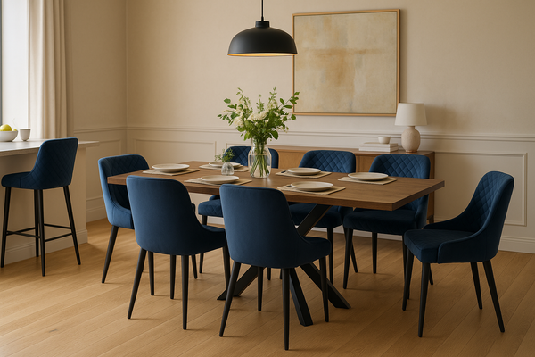 Modern dining room with a solid wood table and blue upholstered chairs, featuring elegant contemporary design and soft lighting — premium furniture available for fast delivery in Ireland.