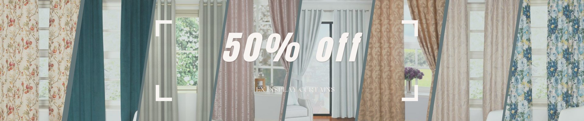 Assorted ready-made curtains in various colors and styles, available at 50% off.