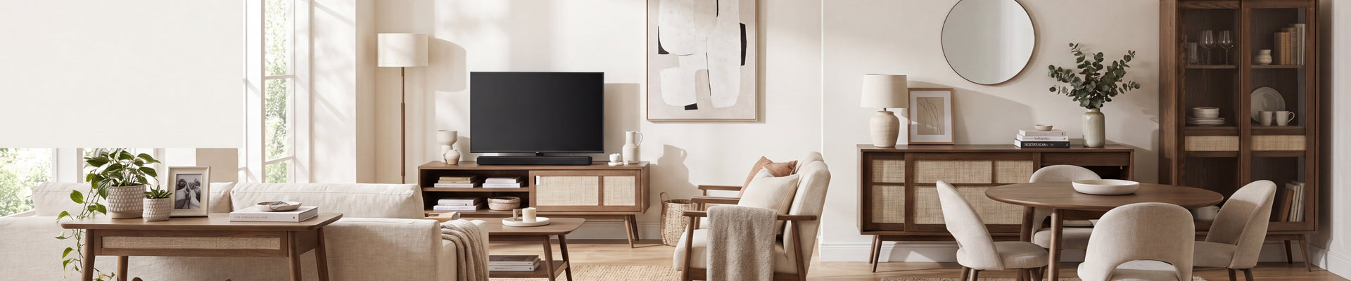 Barrali smoked oak furniture collection in a bright Irish family living and dining room with rattan details.