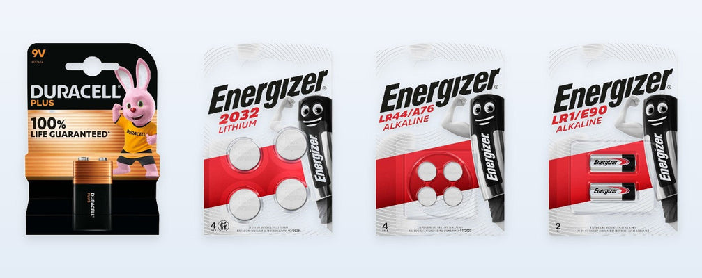 Energizer and Duracell batteries including 9V, CR2032, LR44 and LR1 packs