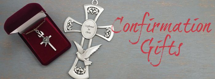 A collection of personalized confirmation gifts including jewelry, crosses, and religious books, perfect for celebrating a spiritual milestone.