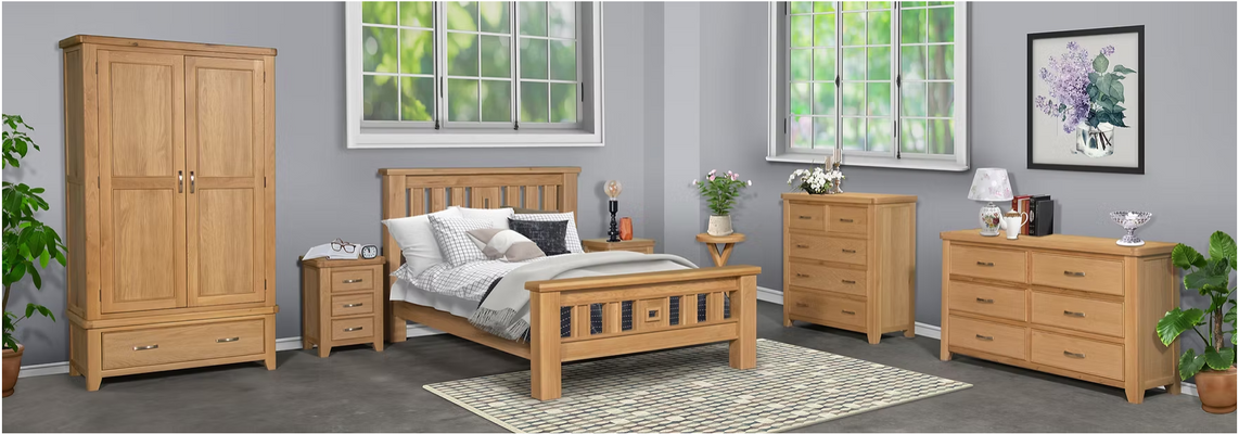  Light European oak bedroom furniture set with curved edges and chrome handles, including beds, a wardrobe, bedside lockers, and a chest of drawers.