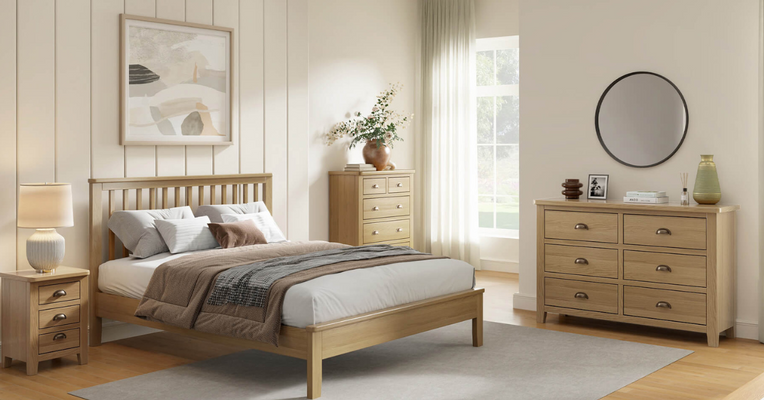 Marsden Furniture Collection featuring oak dining table, bookcase, and bedroom furniture in modern home setting