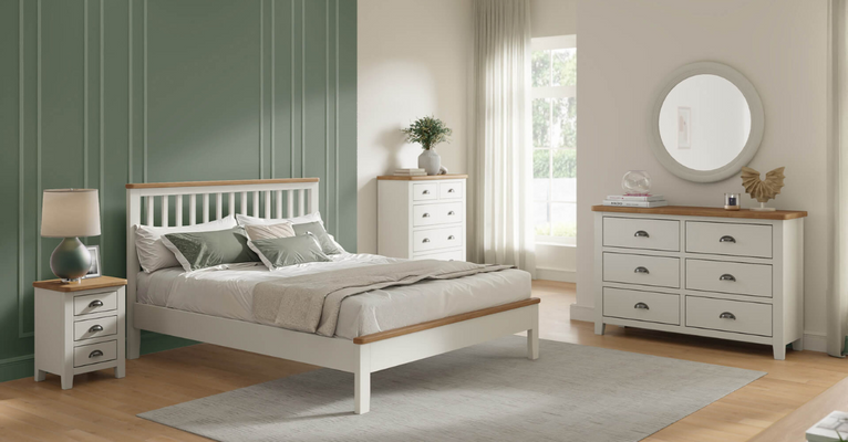 Modern cashmere-finished Mellor Furniture Collection with oak accents featuring dining and bedroom sets.