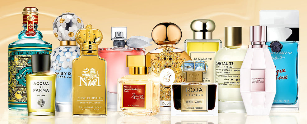 A stylish assortment of perfumes for men and women displayed elegantly on a white background
