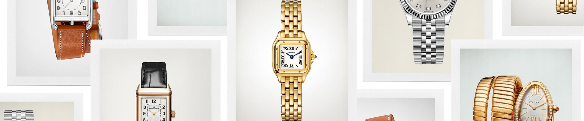 Silver and gold watches and bracelets displayed elegantly on a velvet stand
