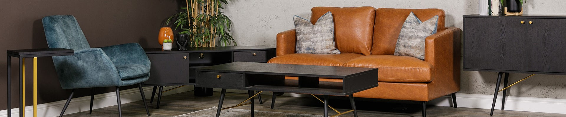 Modern bedroom, dining, and living room furniture with black oak melamine and copper accents.