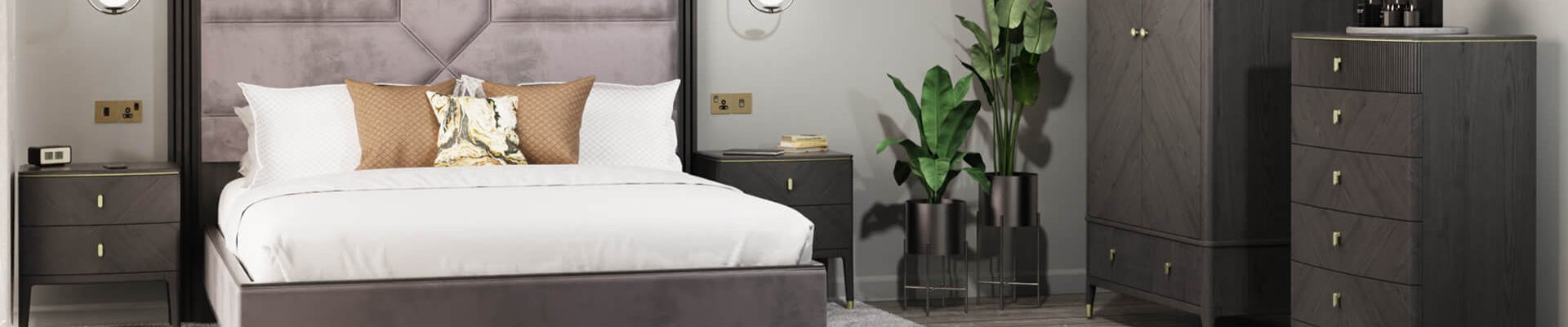 Luxurious king size beds in various styles and finishes, including frames and storage options.