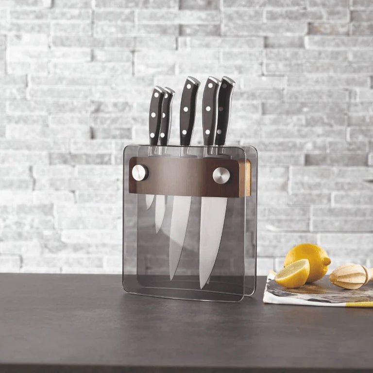 Denby 5 Piece Knife Block Set with Smoked Glass Stand, High Carbon Steel Blades for Knives and Cutting
