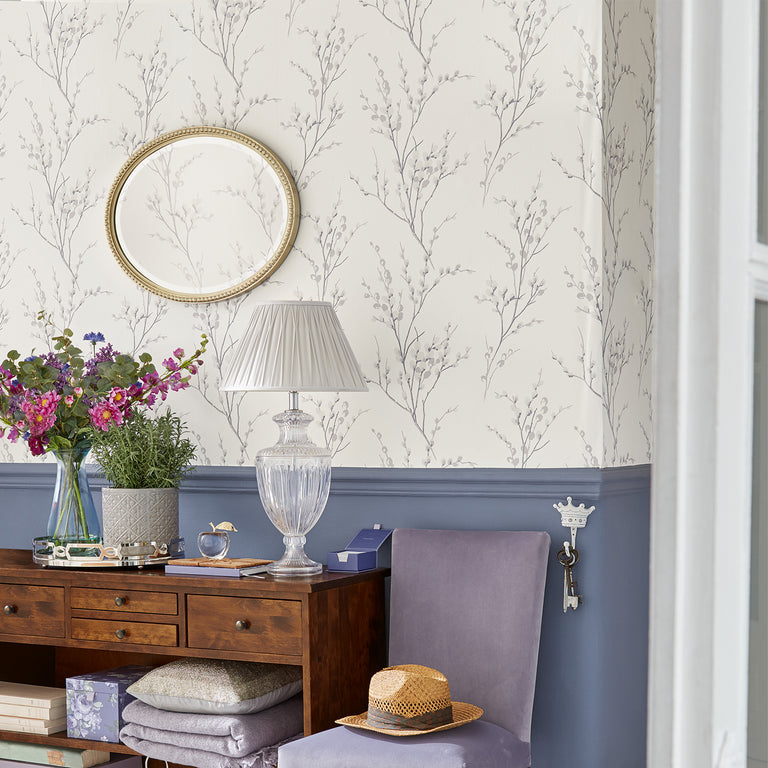 Laura Ashley Wallpaper Pussy Willow Off White and Steel