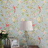 Duck egg blue wallpaper with pink birds and flowers