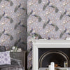 Classically ornate floral wallpaper in pale iris