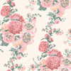 Floral wallpaper with coral pink hollyhocks design by Laura Ashley