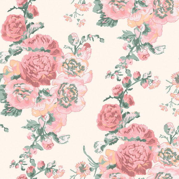 Floral wallpaper with coral pink hollyhocks design by Laura Ashley