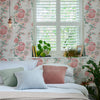 Laura Ashley Wallpaper Hollyhocks Coral Pink in a rustic floral pattern