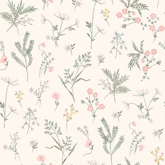 Floral wallpaper with coral pink flowers by Laura Ashley