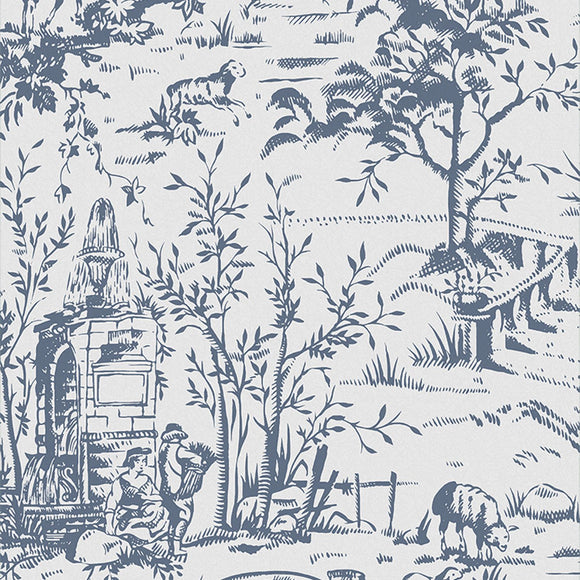 French romantic wallpaper by Laura Ashley Toile de Jouy Dark Seaspray Blue