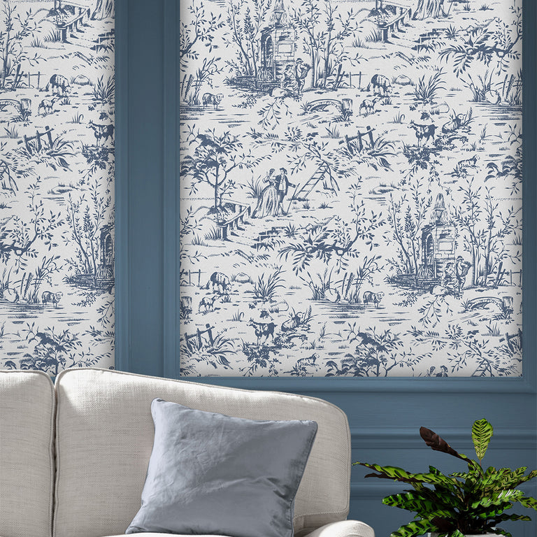 Laura Ashley Wallpaper Toile de Jouy Dark Seaspray Blue