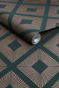 Eye-catching Deco Triangle Emerald wallpaper with rose gold accents