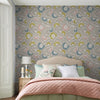 Elegant floral design in grey with pops of yellow, pink, and blue