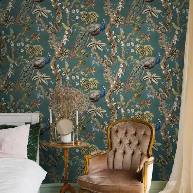 Holden Decor Whispering Peacock Woods Aqua Wallpaper – Elegant Lighting Collection Feature Wall Design