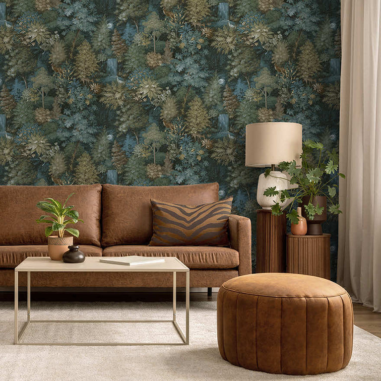 Holden Midnight Woods Wallpaper Teal Yellow – Forest Waterfall Feature Wall Lighting Collection Design