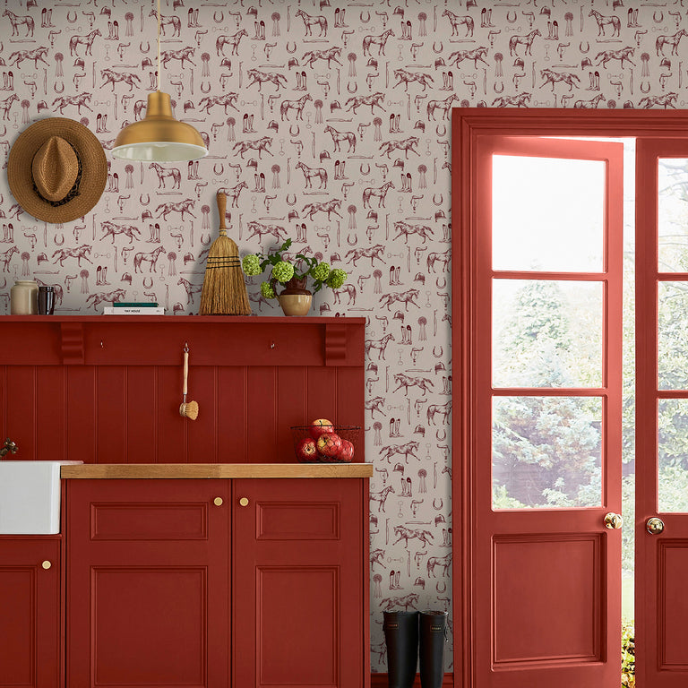 Joules Sketched Equestrian Wallpaper – Cream & Burgundy Heritage Wallpaper, Paste-the-Wall, 52cm Width