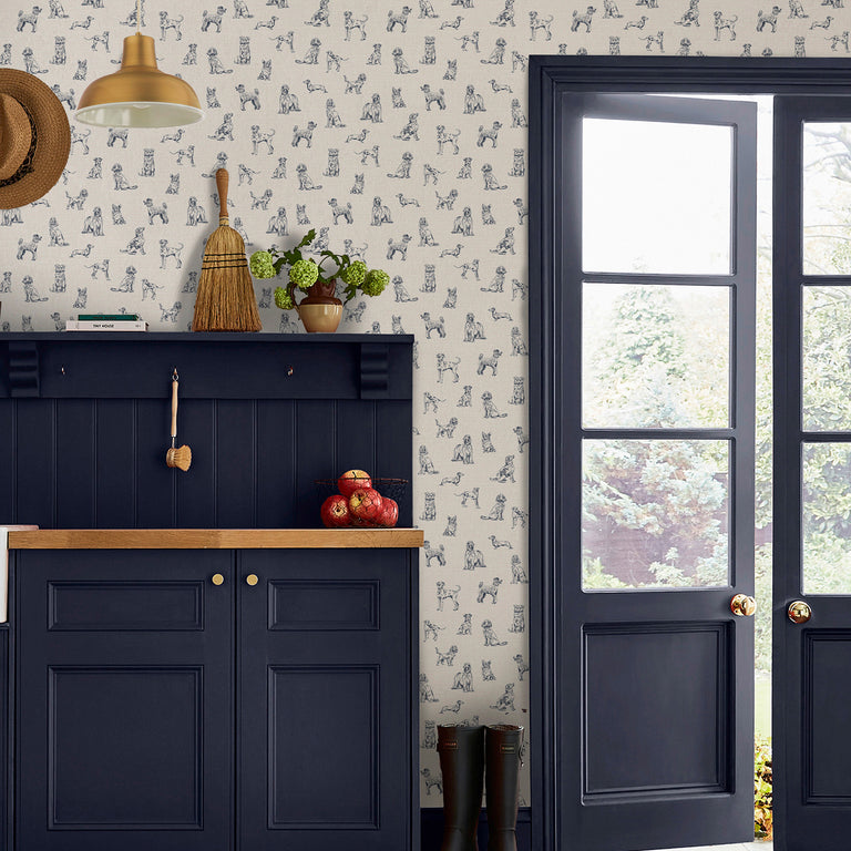 Joules Sketched Dogs Wallpaper – Cream & Navy Textured Wallpaper, Paste-The-Wall, 52cm Width