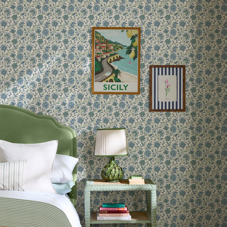 Joules Trailing Indienne Floral Wallpaper Green & Blue Paste-The-Wall Botanical Feature Design 52cm Roll