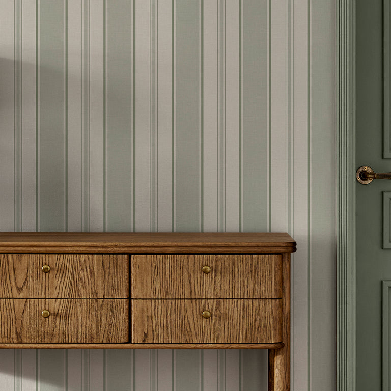 Next Country Striped Wallpaper Sage – Neutral Modern Stripe Design, Paste the Wall, 10m Roll for Kitchens & Bedrooms