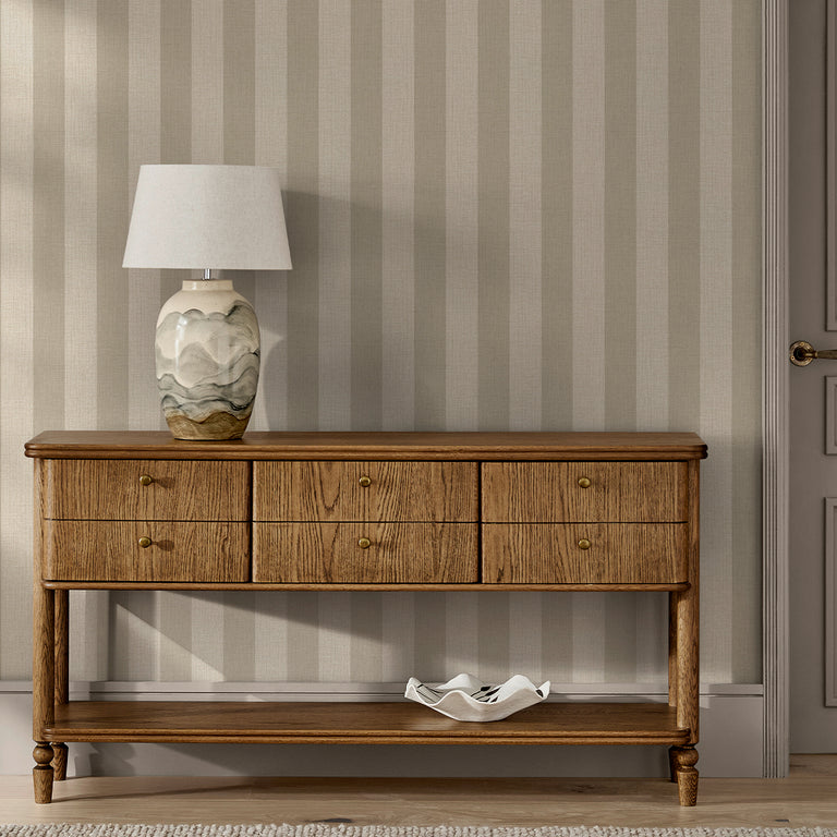 Next Linen Striped Wallpaper Warm Neutral Vertical Stripe Design Non-Woven Easy Hang 10m Roll Elegant Finish