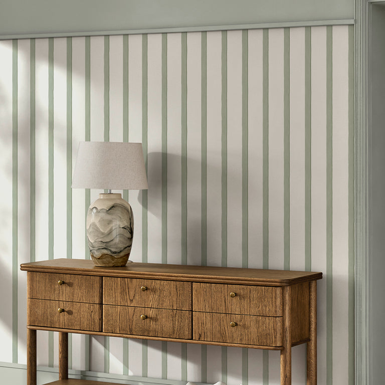 Next Painted Striped Wallpaper Green – Modern Cream & Green Wide Stripe, Paste the Wall, Contemporary Feature Wall