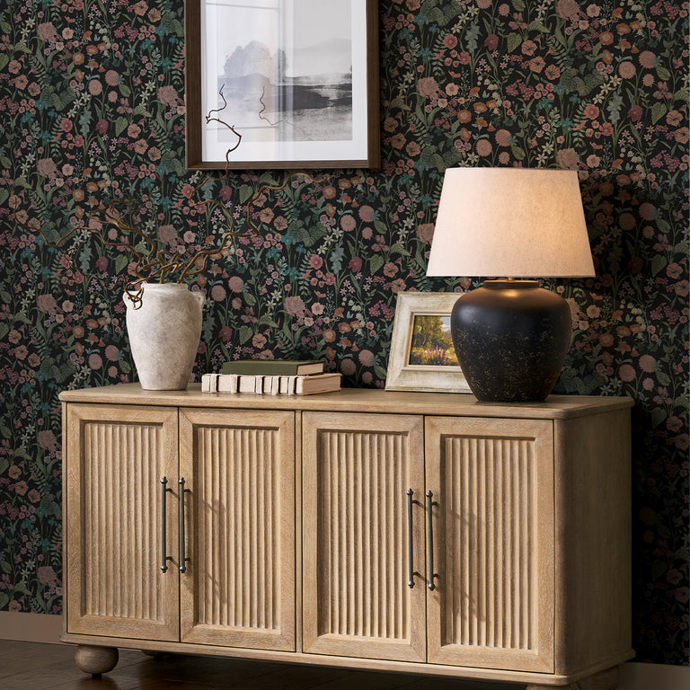 Next Botanical Floral Wallpaper Night – Dark Background Floral Wallpaper with Colourful Blooms, Paste the Wall, 10m Roll