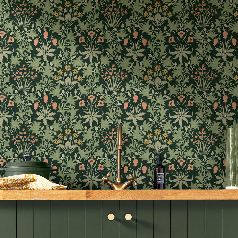 William Morris Celandine Floral Wallpaper Forest – Classic Meadow Design, Green Botanical Trellis Pattern, Paste the Wall