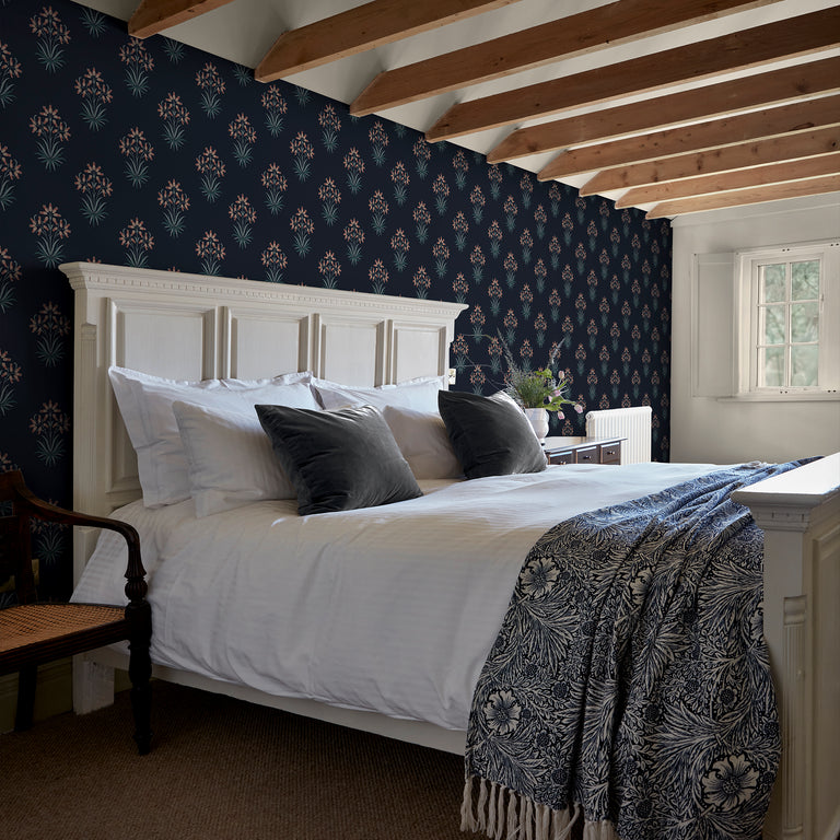 William Morris Hyacinth Floral Wallpaper Midnight Navy Terracotta Ivory Classic Pattern Design