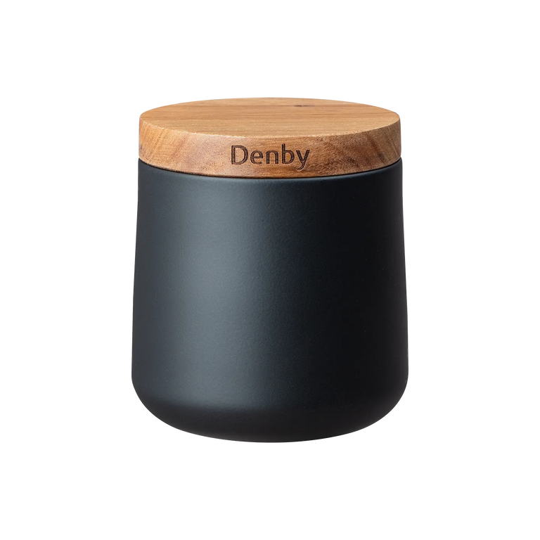 Denby Set of 3 Black Storage Canisters with Acacia Wooden Lids, Airtight Kitchen Storage Containers for Tea Coffee Sugar