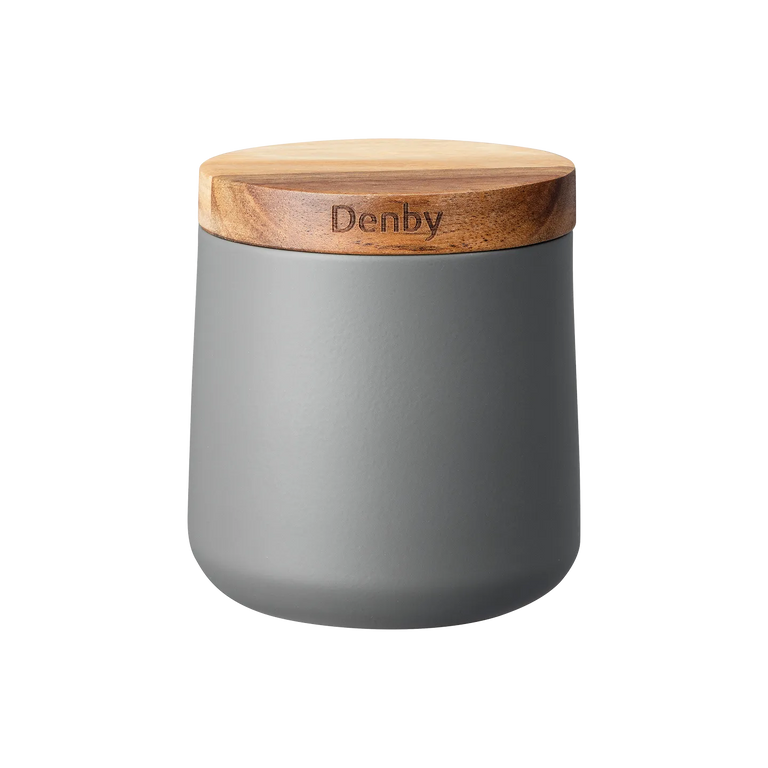Denby Set of 3 Grey Storage Canisters with Acacia Wooden Lids – Airtight Kitchen Storage Canisters for Tea, Coffee