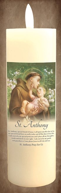 LED Wax Candle Saint Anthony with Timer, Flickering Flame, Vanilla Scented Religious Candle, 3x5 Inch, Batteries Included