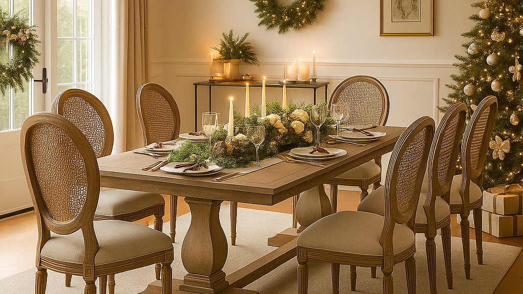 Dining room with a Christmas tree, wreath, and table setting.