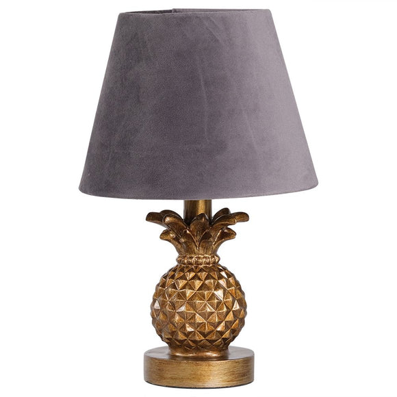 Illuminate your space with a touch of tropical elegance using this Gold Pineapple Lamp with a sophisticated Grey Shade