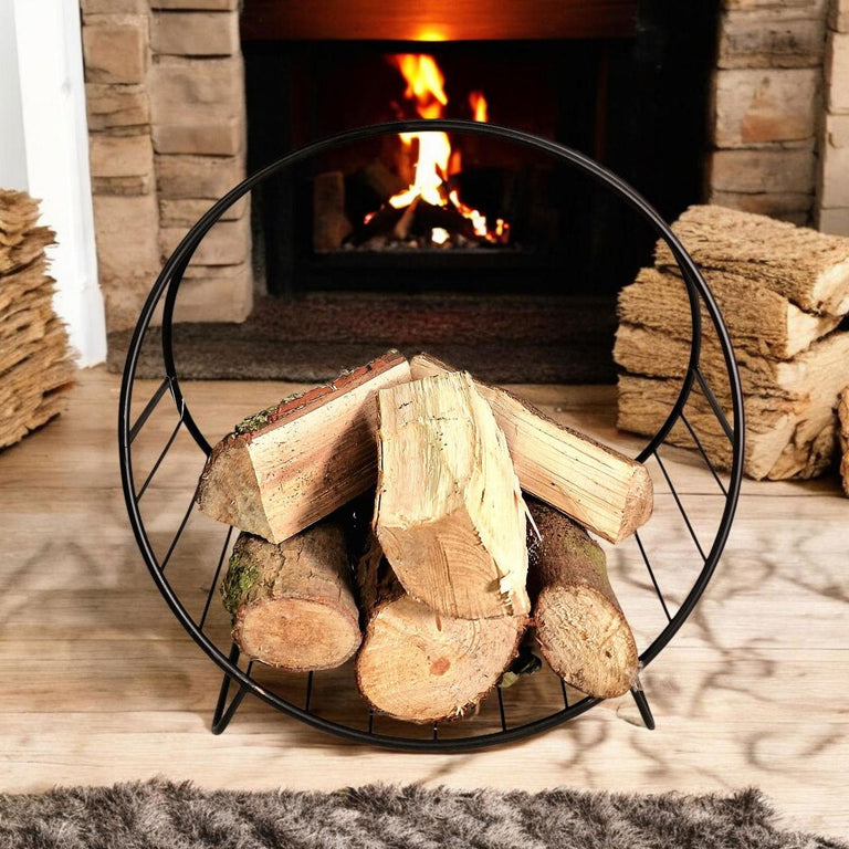 Fireside Metal Log Holder Black – Modern Round Firewood Storage Rack, Durable Compact Fireplace Organizer