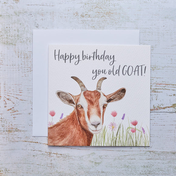 Birthday card featuring a playful illustration of a goat, perfect for celebrating with a lighthearted sense of humor and affectionate charm.