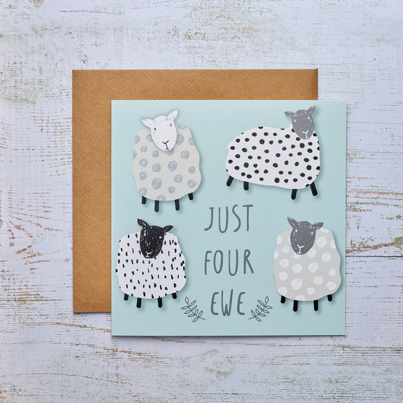 Card with a charming illustration of sheep and the phrase 'Just Four Ewe', a delightful and unique way to send your thoughts.