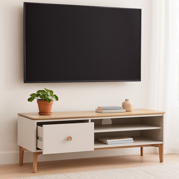 Wooden TV stand with a television mounted above it in a room with light-colored walls and flooring.